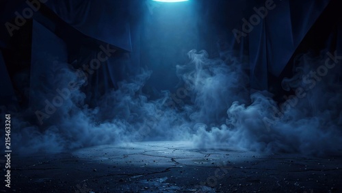Mysterious Blue Spotlight Illuminating Smoky Dark Stage.