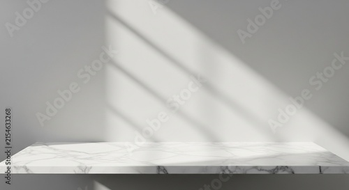 Empty Marble Shelf Display with Elegant Shadow Patterns on a Minimalist Gray Wall for Commercial Product Photography