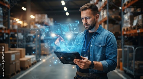 Industrial worker controlling digital inventory through a glowing holographic display and mobile tablet.