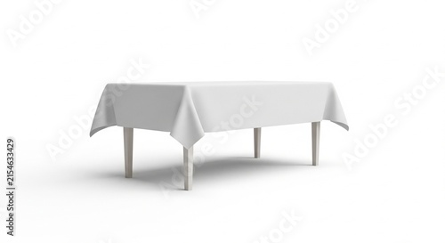 Empty rectangular dining table with a white tablecloth isolated on a clean white background, 3D furniture render