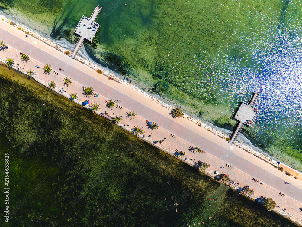 Fototapeta premium Aerial top view Lo Pagan coastal seafront and Mediterranean Sea