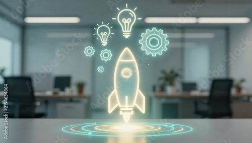 Startup rocket launch hologram rising from tablet in businessman hands, symbolizing business growth, innovation strategy, digital transformation, project success and technology development concept.