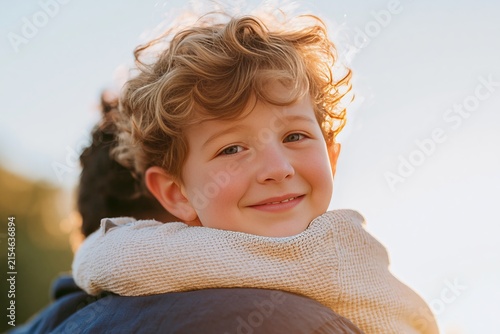 Child with curly hair smiles while being carried on parent's shoulders in a park setting during golden hour, warm sunlight illuminating the scene