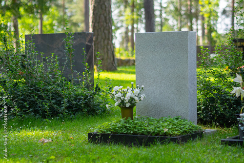 Two gravestones with white flowers among green hedges