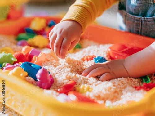 Close up of toddler hands exploring colorful sensory play with small toys in a bright plastic container on a textured surface indoors