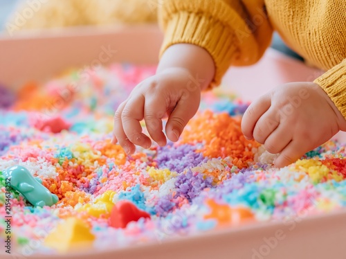 Close up of toddler hands exploring colorful sensory play materials in a pink tray, with vibrant textures and small toys visible in the background