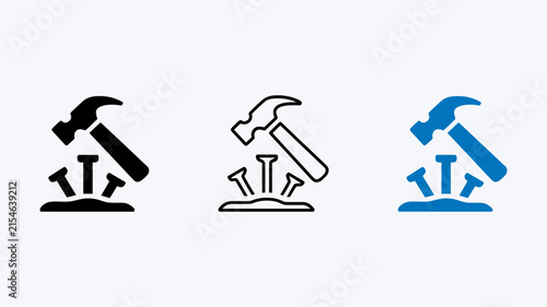 Foto Three variations of a hammer and nails set in solid black, thin outline, and blu
