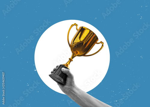 Flat-design illustration. A contemporary artistic collage featuring a hand holding a trophy. The concept of victory and achievement.