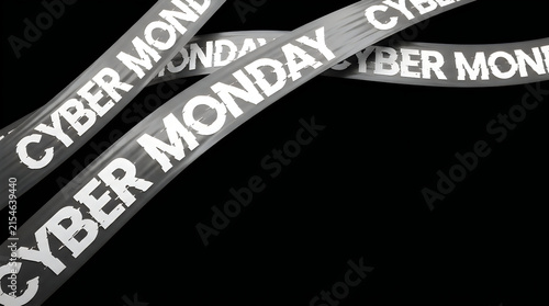 White glossy cyber monday ribbon tapes floating in dark black space for e-commerce event promotion and holiday season retail marketing graphic background design elements.