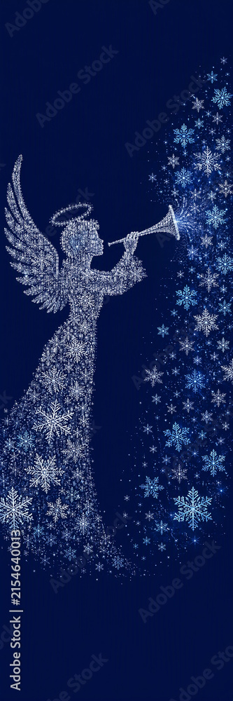 Obraz premium Christmas angel trumpet figure made of snowflakes on dark blue background