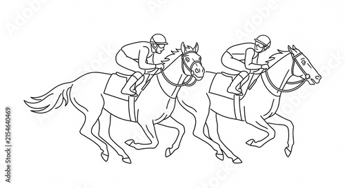 Minimalist horse racing line drawing featuring jockeys riding thoroughbred horses side by side