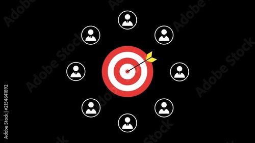 Target with dart surrounded by user profile icons animation with transparent background for audience segmentation