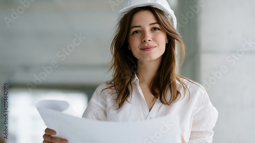 A young female engineer in a hard hat is holding blueprints and smiling at the camera in a bright office.