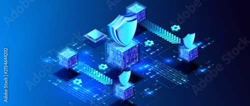 Isometric concept of AI blockchain cyber security. Data center secure with shield and cubes illustration design. Technology blockchain protection of system privacy on blue background.