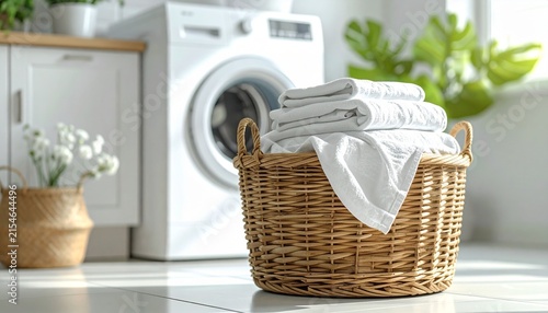 Laundry Basket with Clean Clothes in Bright Laundry Room