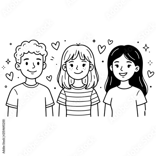 Three friends smiling, with decorative hearts and stars