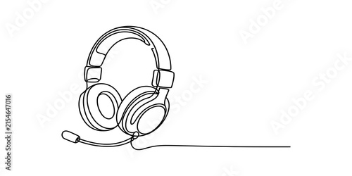 Continuous single line drawing of gaming headphones with a microphone for listening to music and talking during online computer video game sessions