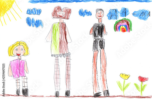 Child drawing of a happy family on a walk outdoors