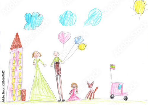 Child drawing of a happy family on a walk outdoors