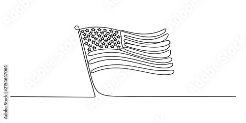 Continuous single line drawing of the united states of america flag waving in the wind as a simple black outline icon for national holiday celebration