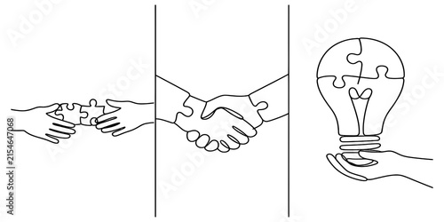 фотографія Set of business concept line art illustrations showing hands connecting puzzle p