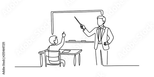 Continuous line drawing of a teacher pointing at a board while a student raises their hand to ask a question in a classroom setting during a lesson