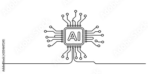 Artificial intelligence microchip icon drawn with a single continuous black line representing modern computer technology and digital innovation concept