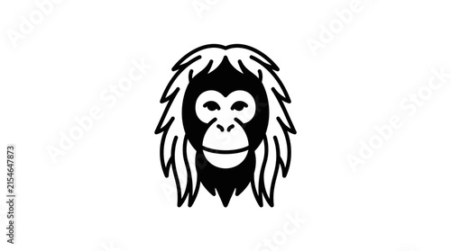 Black and white minimalist illustration of an orangutan's face with shaggy hair, depicting a calm and wise expression.
