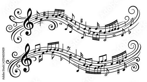 Elegant musical notes flowing decorative swirls transparent design vector illustration.