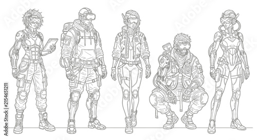 Set of five cyberpunk characters in tech-wear with VR goggles and robotic limbs. High-quality black and white line art for coloring books on white background. Sci-fi futuristic group.
