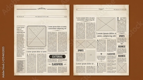 Vintage broadsheet newspaper layout with editorial columns, classified ads, and retro typography design