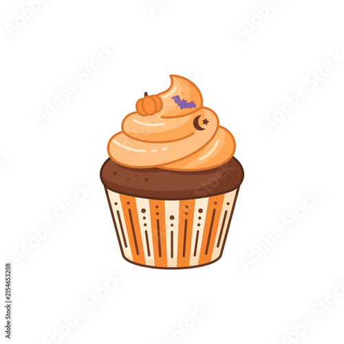 Cute Halloween Cupcake Vector Illustration, Pumpkin Topped Sweet Dessert, Fall Pumpkin Spice Confection, Spooky October Treat, Autumn Bakery Snack