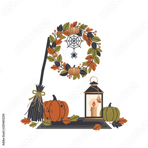 Halloween wreath with broom, lantern and pumpkins. Autumn harvest holiday decor illustration. isolated on White Background editable SVG for Halloween