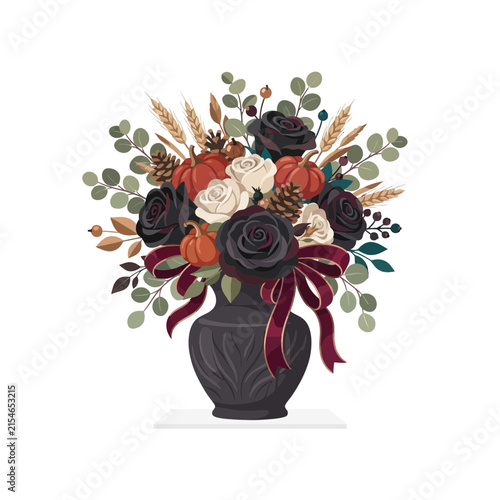 Dark Rose Floral Arrangement, Vintage Autumn Bouquet with Pumpkins and Eucalyptus, Elegant Bouquet in Vase with Ribbon for Wedding or Thanksgiving Card Design isolated on White Background