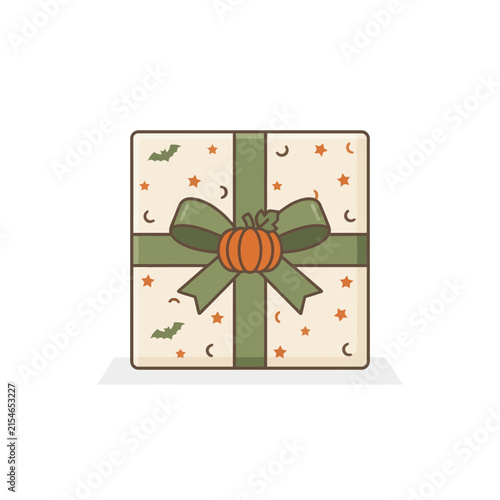 Retro wrapped gift box with pumpkin bow. Vintage autumn present. Gift wrap with bats stars and crescents. Fall seasonal illustration. Orange and green vector present decoration isolated on White