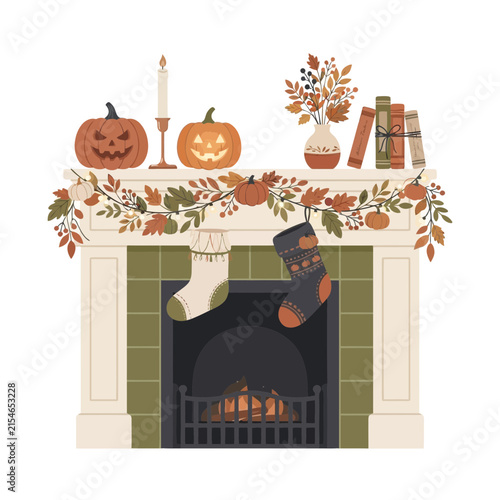 Autumn fireplace composition, cozy fall hearth with pumpkin and candle, seasonal home decor, Halloween Thanksgiving vector illustration isolated on White Background editable SVG for Halloween