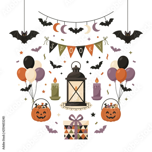 Halloween Festive Seamless Pattern, 3 Vector Motifs. Pumpkin Baskets, Black Bats, Candles, Lantern, Gift. Orange and Purple Party Decor. Autumn Holiday Design isolated on White Background