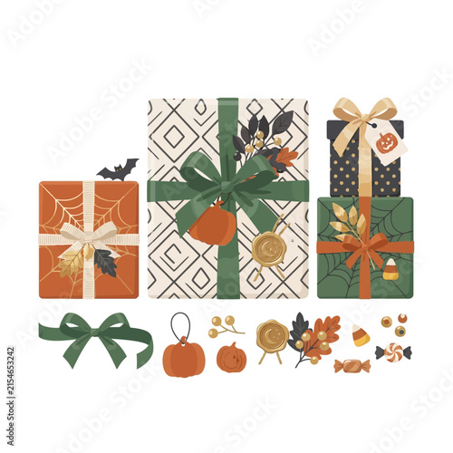 Abstract Halloween Gift Boxes Vector Set, October Party Celebration Elements, Pumpkin Candy Treats Collection isolated on White Background editable SVG for Halloween