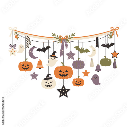 Cute Halloween Garland Banner Design with Pumpkins, Ghosts, Bats and Stars. Spooky Autumn Celebration Decoration Illustration Vector. Party Hanging Ornaments for Kids. isolated on White