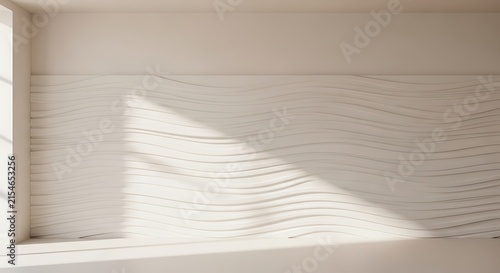 White kitchen backsplash with sunlight casting shadow of window frame on textured wall tiles