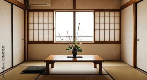 Minimalist Japanese interior with low wooden table and floral arrangement in natural light