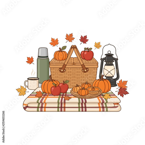 Autumn Picnic Set. Harvest season illustration with basket, pumpkins, apples, and lantern. Cozy fall outdoor leisure concept. Warm vector art for graphic design. isolated on White Background