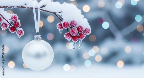 Christmas baubles with red berries hanging on frosty winter branch in soft bokeh background