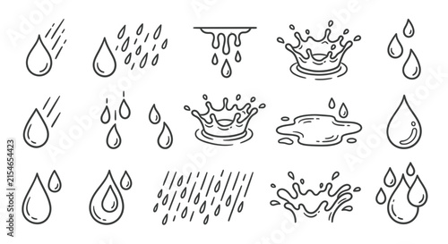 Set of hand-drawn black and white water drop line icons featuring raindrops, dripping effects, splash crowns, falling droplets, and puddles isolated on white background.