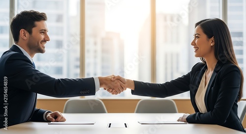 Business professionals handshake meeting in modern office with warm natural light