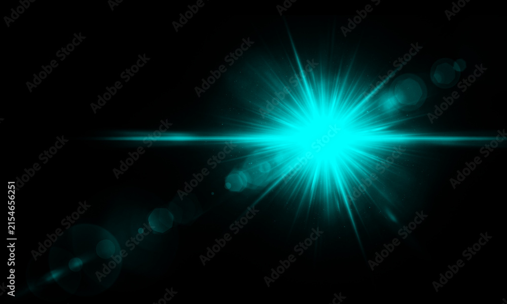 Fototapeta premium Abstract cyan light flare with lens effect and rays on black background