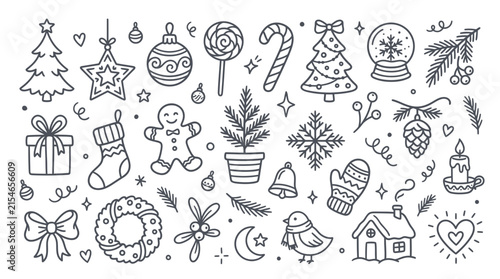 Set of hand drawn Christmas holiday icons and decorative elements.
