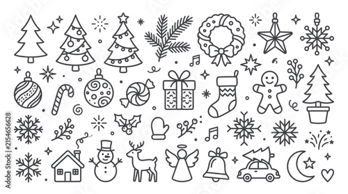 Set of Hand Drawn Christmas Icons and Festive Holiday Doodle Elements.