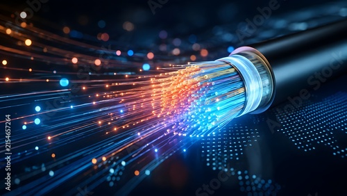 Radiant fiber optic cable emitting bright light over a digital world map. Concept of global telecommunication networks and international data transfer.