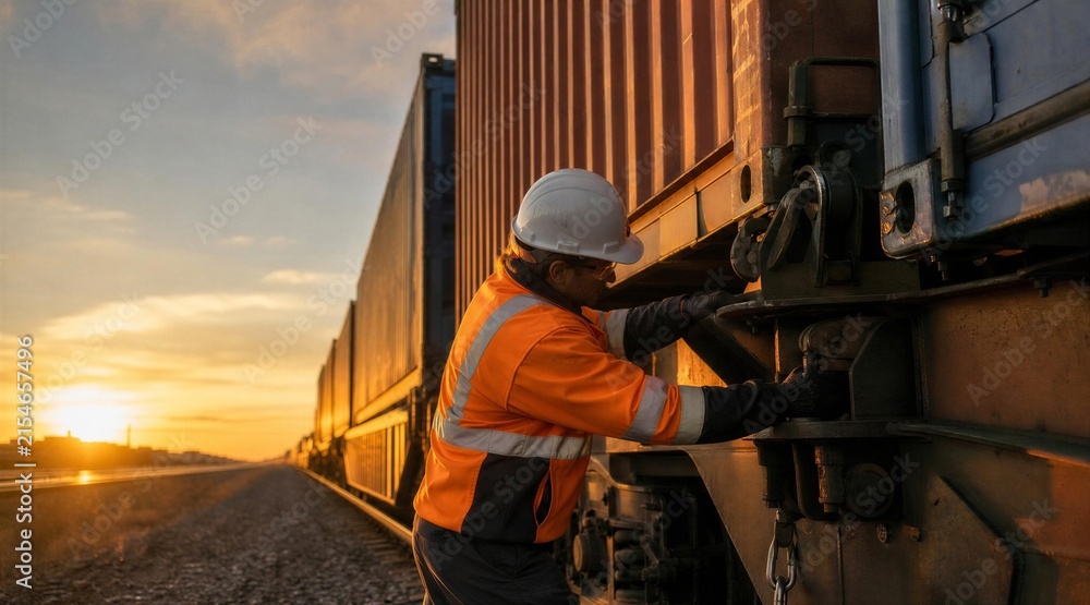 Fototapeta premium Railroad Worker Inspecting Freight Train at Sunset